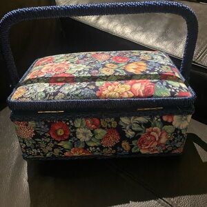 Sewing basket vintage  Floral Storage Box with Blue Handle